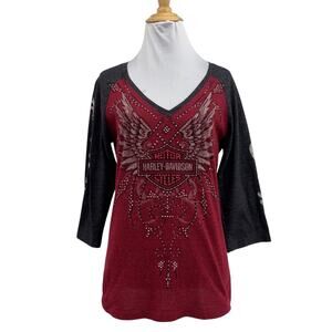 Harley Davidson T Shirt Womens M Medium Red Charcoal Studded Eagle Raglan Tee